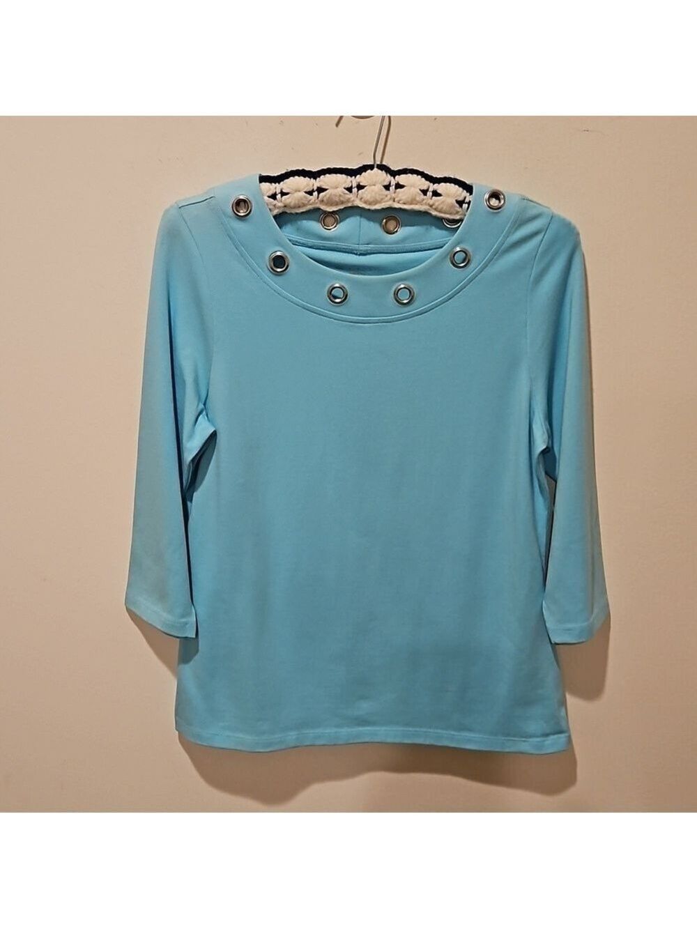 E.L.I WOMEN'S AQUA PERUVIAN PIMA COTTON TOP QUALITY KNIT PULLOVER TOP SIZE M